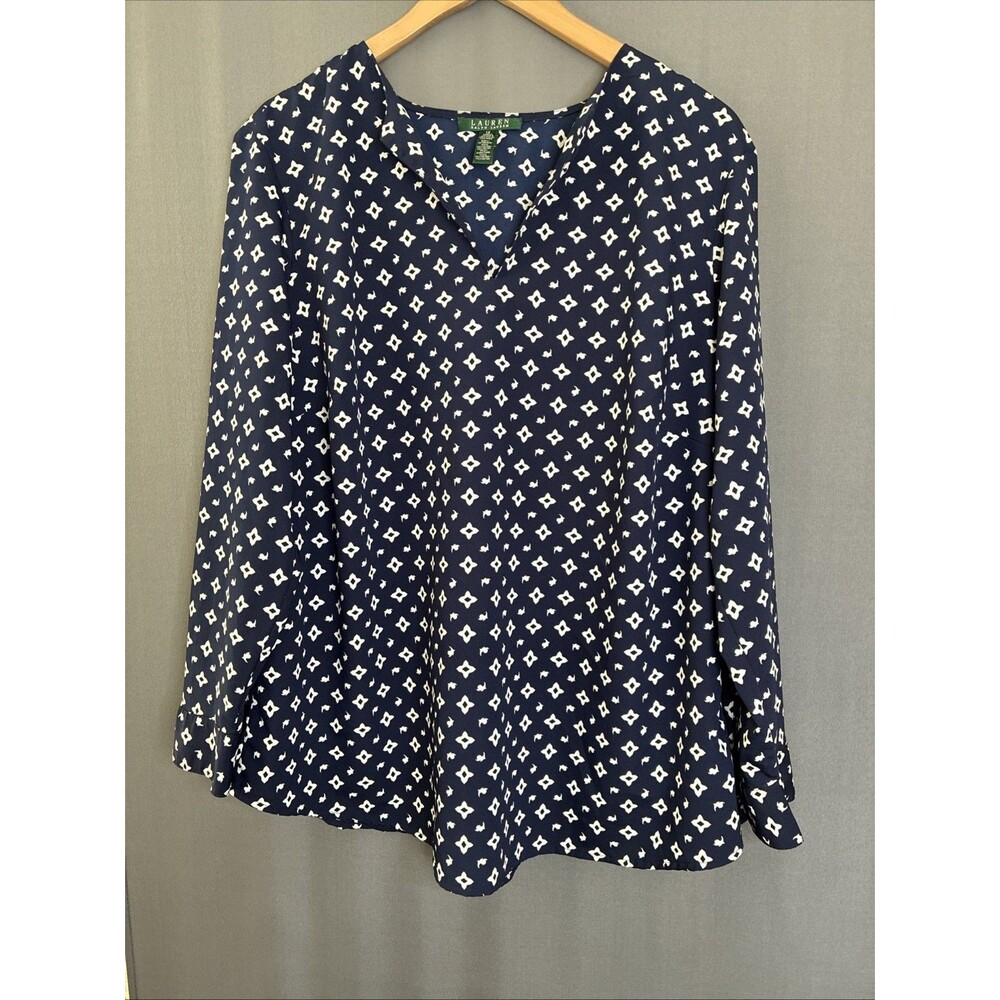 Vtg Y2K Lauren Ralph Lauren Pullover V-neck Top Sz 1X Blue Ivory Floral Corpcore